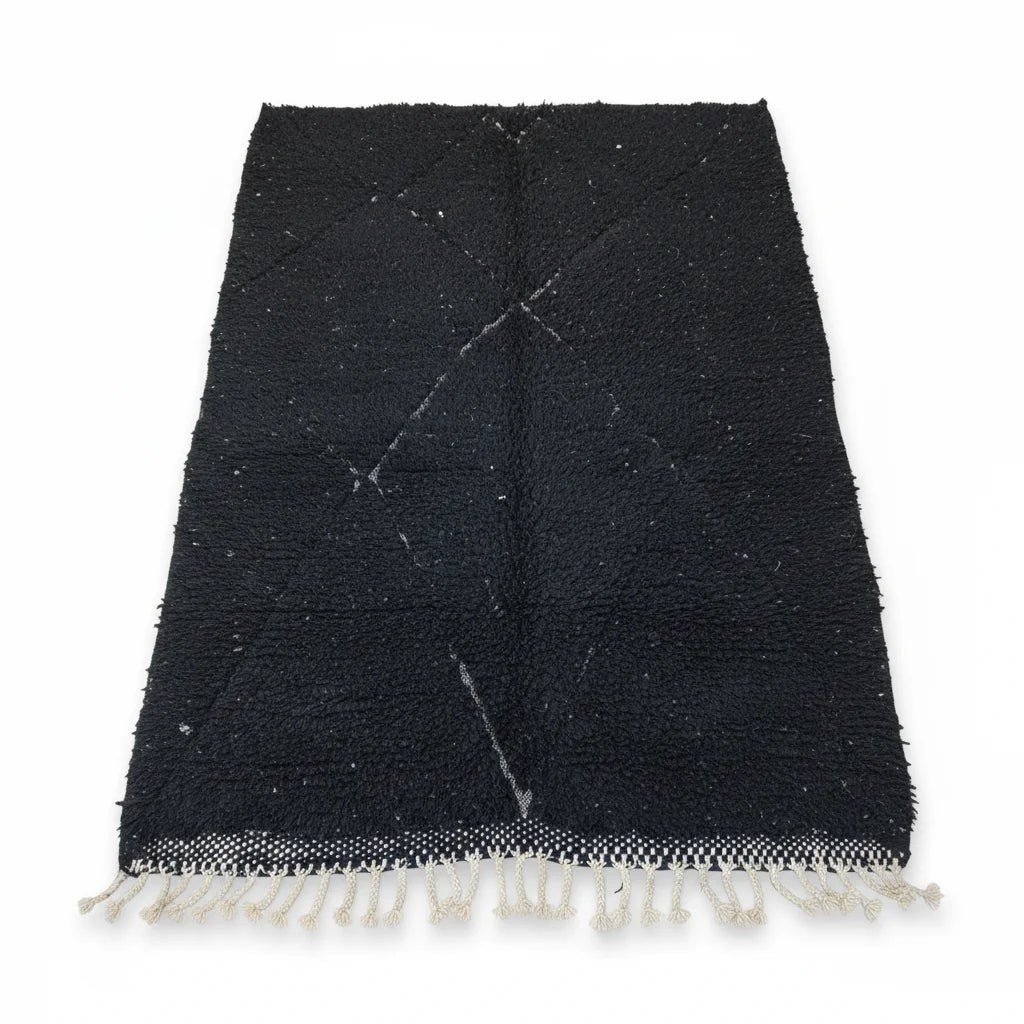 Modern Charcoal Black Beni Ourain Rug – Handmade White Diamond Lattice Shag