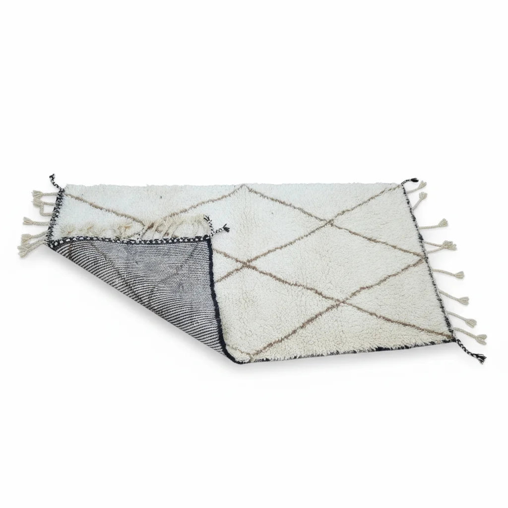 Earthy Brown Diamond Beni Ourain Rug – Handmade Organic Ivory Wool Shag