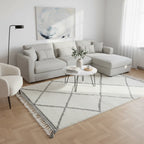 Classic Black Diamond Moroccan Beni Ourain Rug – Handmade Ivory Wool Shag