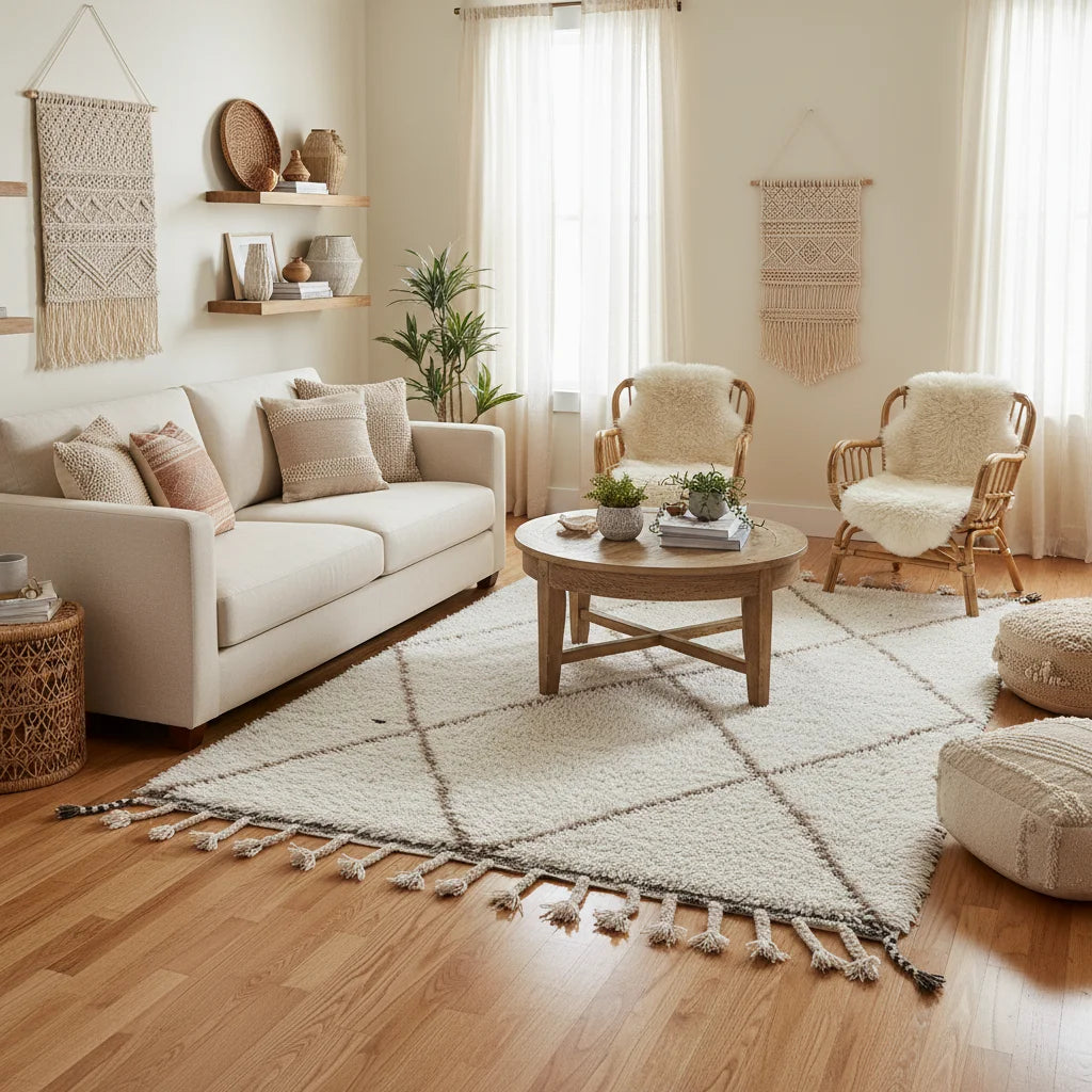 Earthy Brown Diamond Beni Ourain Rug – Handmade Organic Ivory Wool Shag