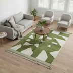 Modern Olive Green & Ivory Moroccan Wool Rug - Handmade Abstract Geometric Shag