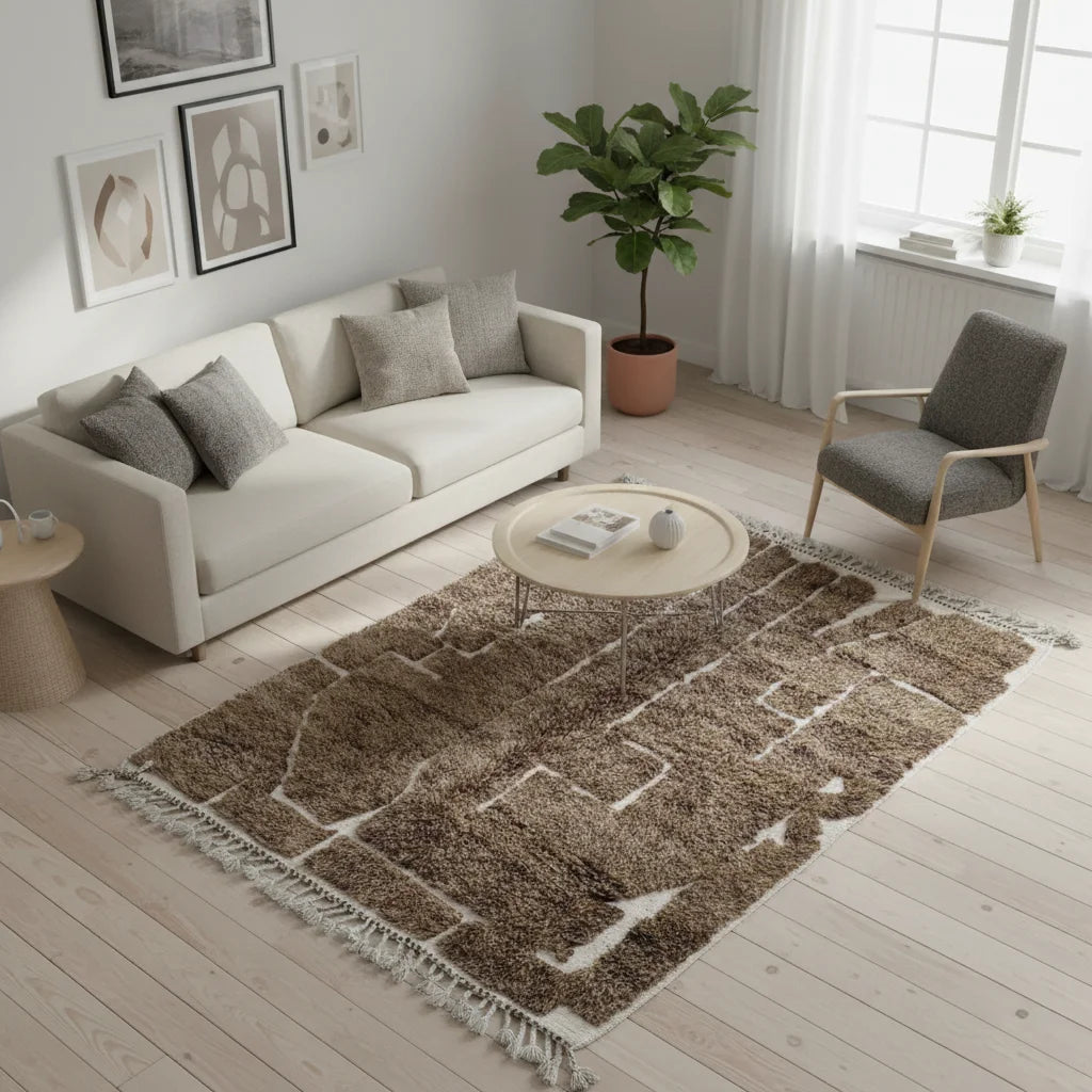 Modern Chocolate Brown & Ivory Moroccan Mrirt Rug - Handmade Abstract Block Shag