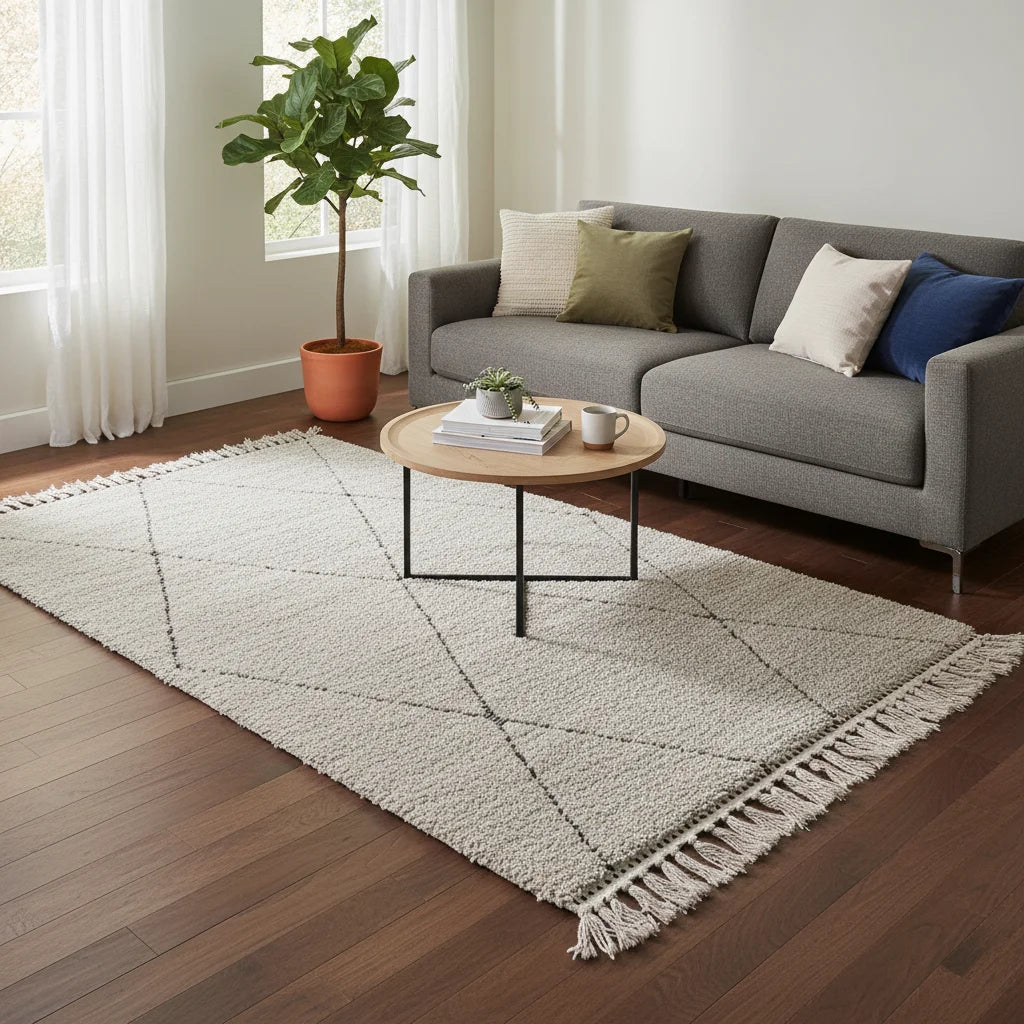 Classic Moroccan Beni Ourain Wool Rug – Handmade Black Diamond Shag
