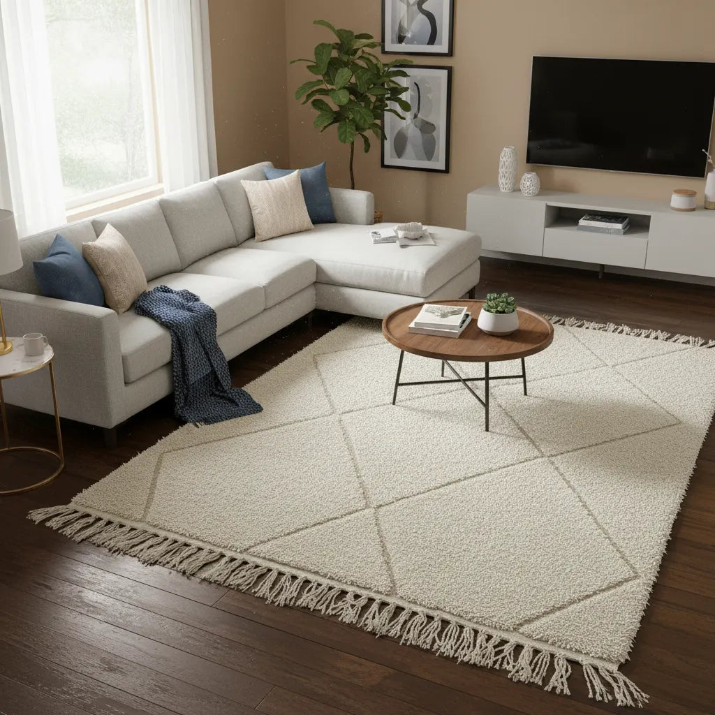 Classic Beni Ourain Amazigh Rug – Handwoven Ivory Moroccan Wool with Diamond Motifs