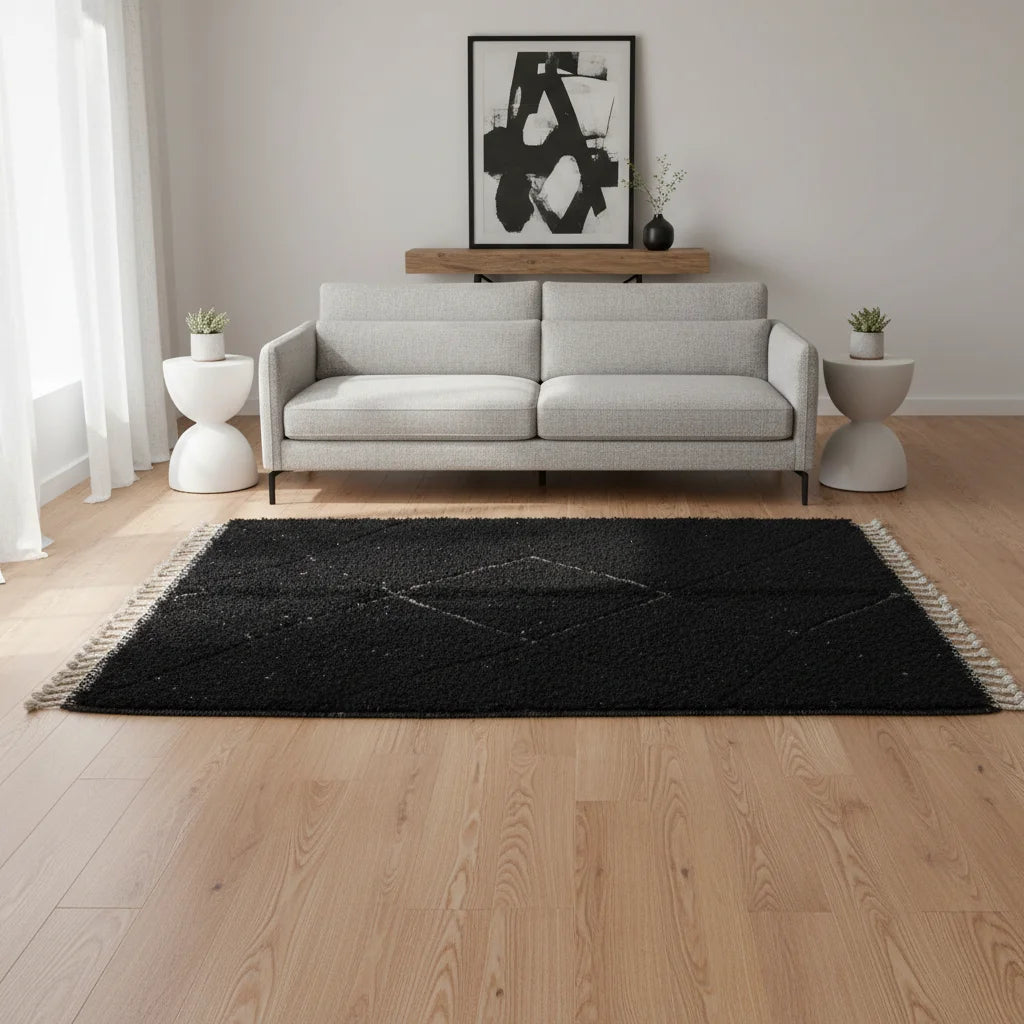 Modern Charcoal Black Beni Ourain Rug – Handmade White Diamond Lattice Shag