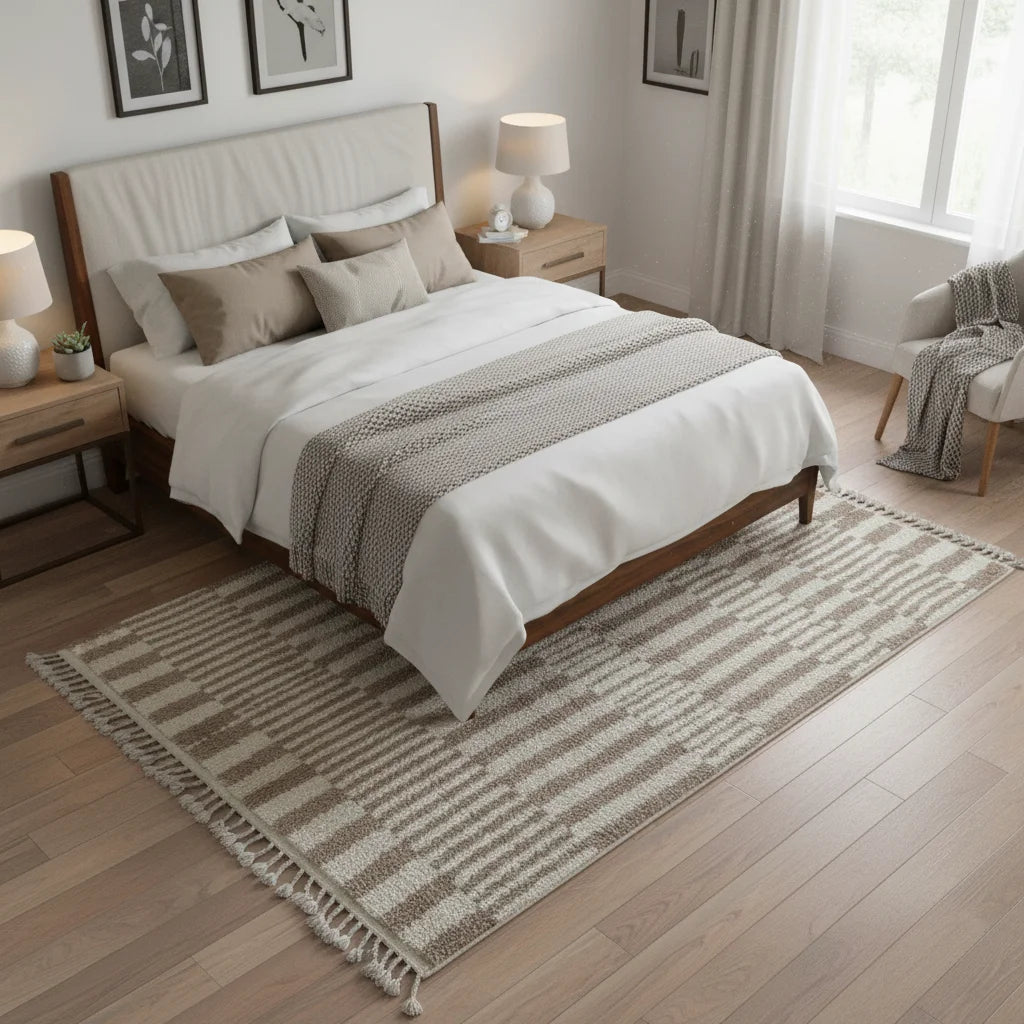 Premium Handmade Moroccan Mrirt Wool Rug – Neutral Earth Tone Broken Stripe Shag