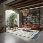 Modern Blue Grid Moroccan Beni Ourain Rug – Handmade Geometric Wool Shag