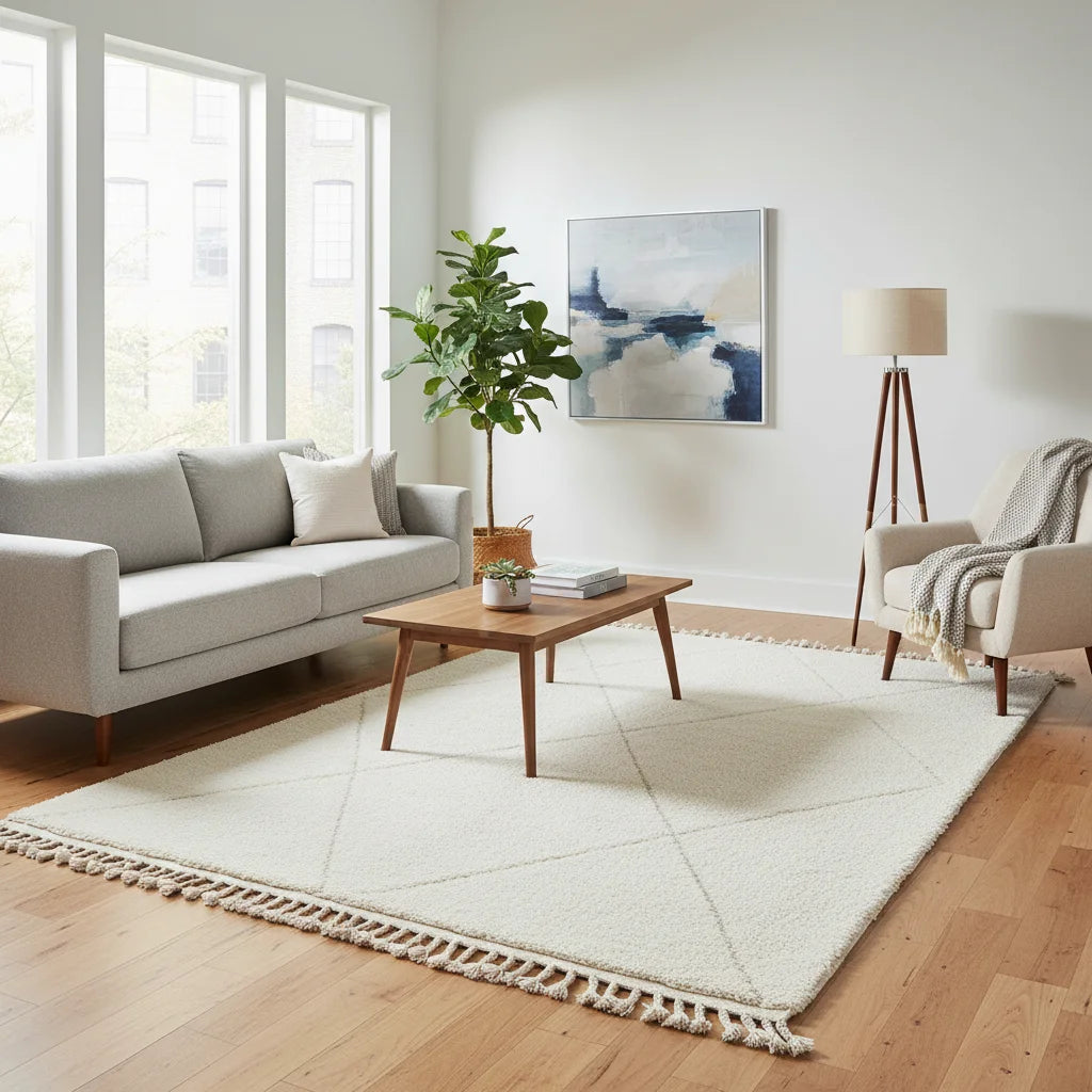 Minimalist White Beni Ourain Wool Rug – Authentic Ivory Ghost Diamond Shag