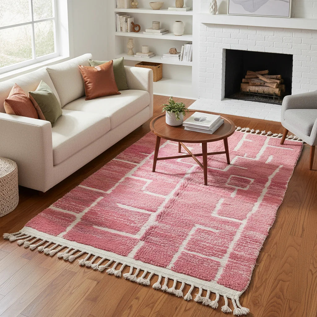 Modern Terracotta Pink & Ivory Moroccan Mrirt Rug – Handmade Abstract Geometric Shag