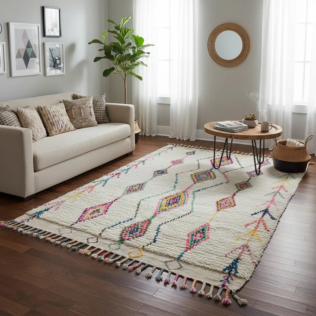 Authentic Moroccan Azilal Wool Rug - Rainbow Tribal Diamond Lattice Shag