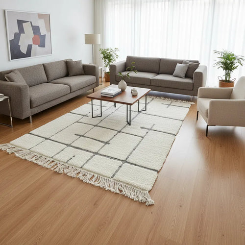 Beni Ourain Moroccan Rug – Ivory Wool with Abstract Black Lines