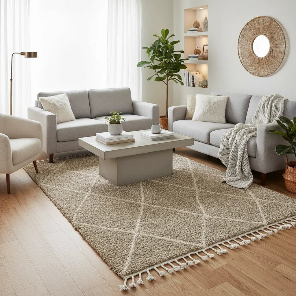 Sand-Toned Moroccan Beni Ourain Rug – Handmade Ivory Diamond Shag