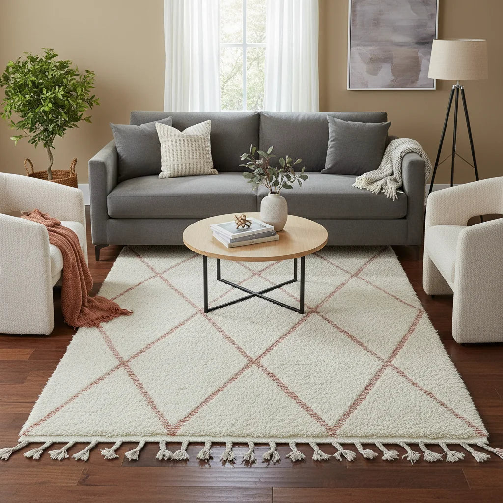 Handmade Moroccan Beni Ourain Wool Rug - White & Burnt Orange Diamond Shag